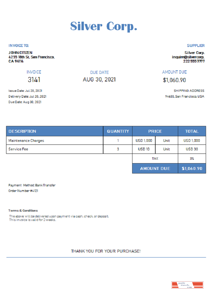 USA Silver Corp. invoice PSD template